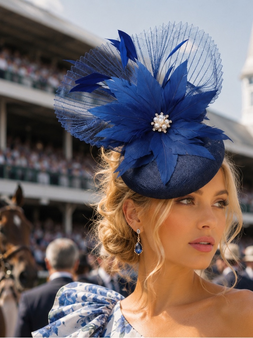 New Kentucky Derby Navy Blue Feathered Fascinator Headpiece with Pearl Accent